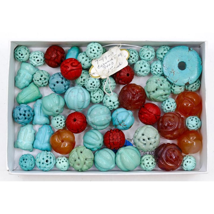 Box Old Chinese Carved Turquoise Beads etc.