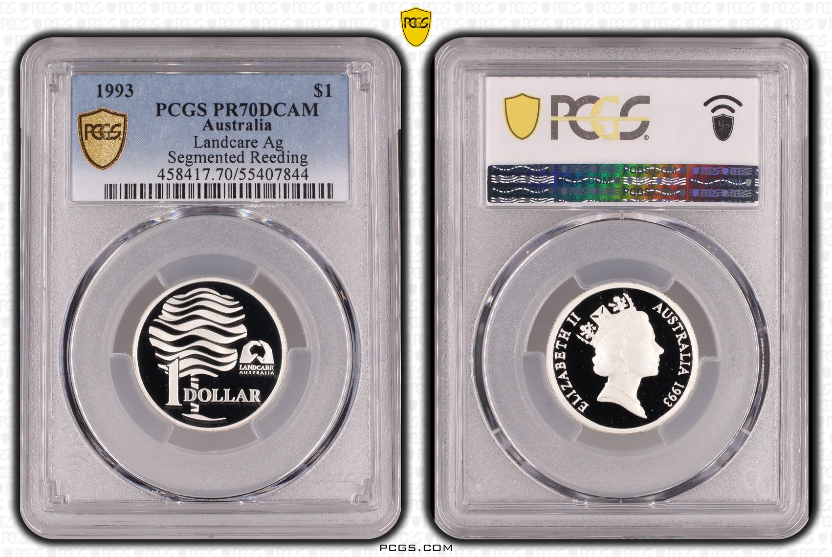 Landcare Silver Segmented Reeding, One Dollar, 1993, PCGS PR70DCAM