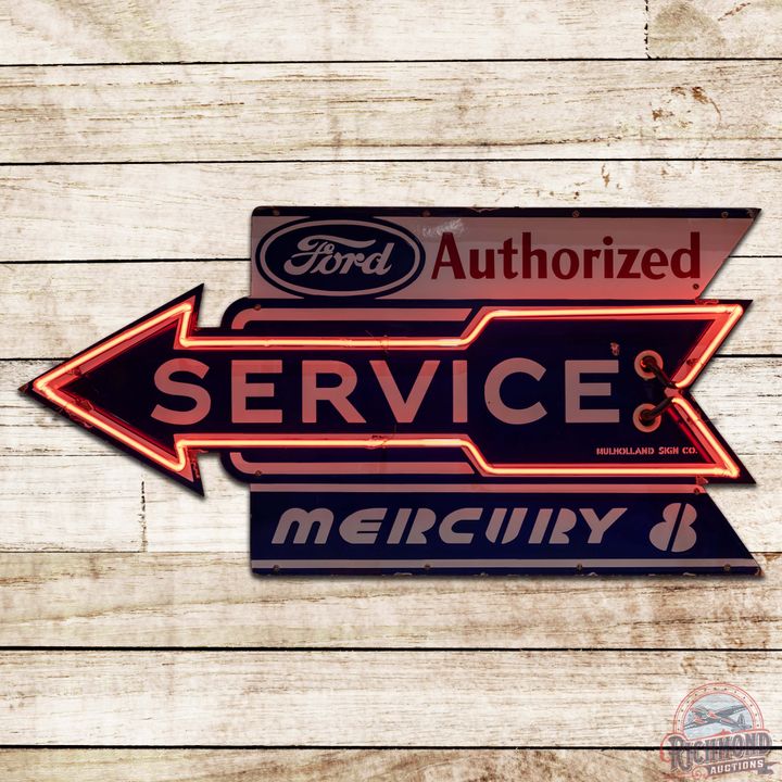 Scarce Ford Authorized Service Mercury 8 Die Cut 4' SS Porcelain Neon Sign
