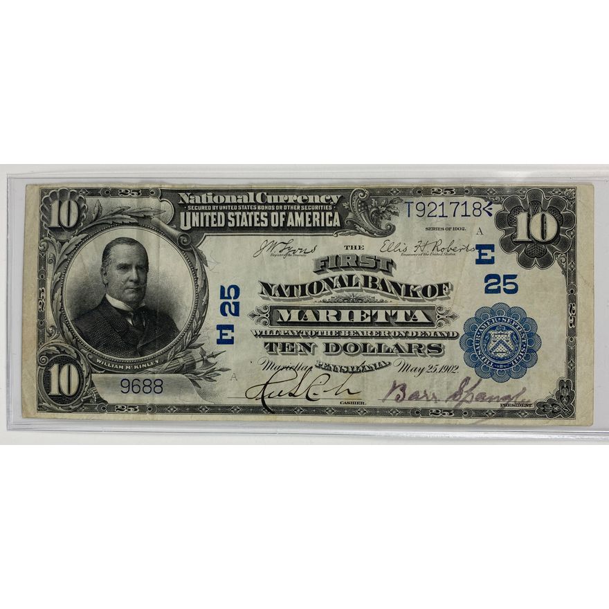 Nb Note National Bank Note. Marietta, Pennsylvania. $10 1902 Plain Back. Fr ...