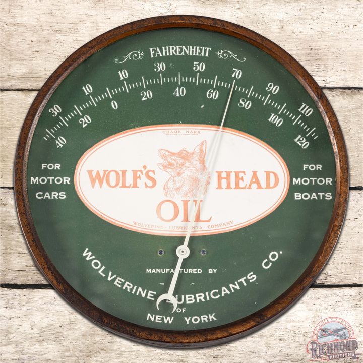 Scarce Wolf's Head Oil For Motor Cars & Boats 9" Thermometer
