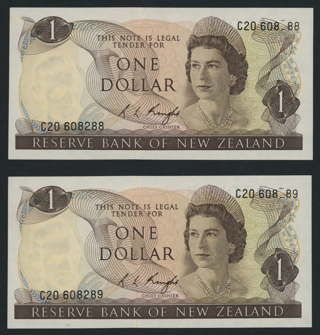 Reserve Bank of New Zealand, [2 notes] ERROR, 1 Dollar, ND (1975-77 ...