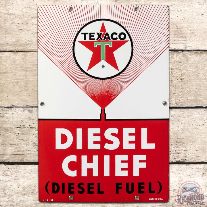 1963 Texaco Diesel Chief SS Porcelain Gas Pump Plate Sign "White T"