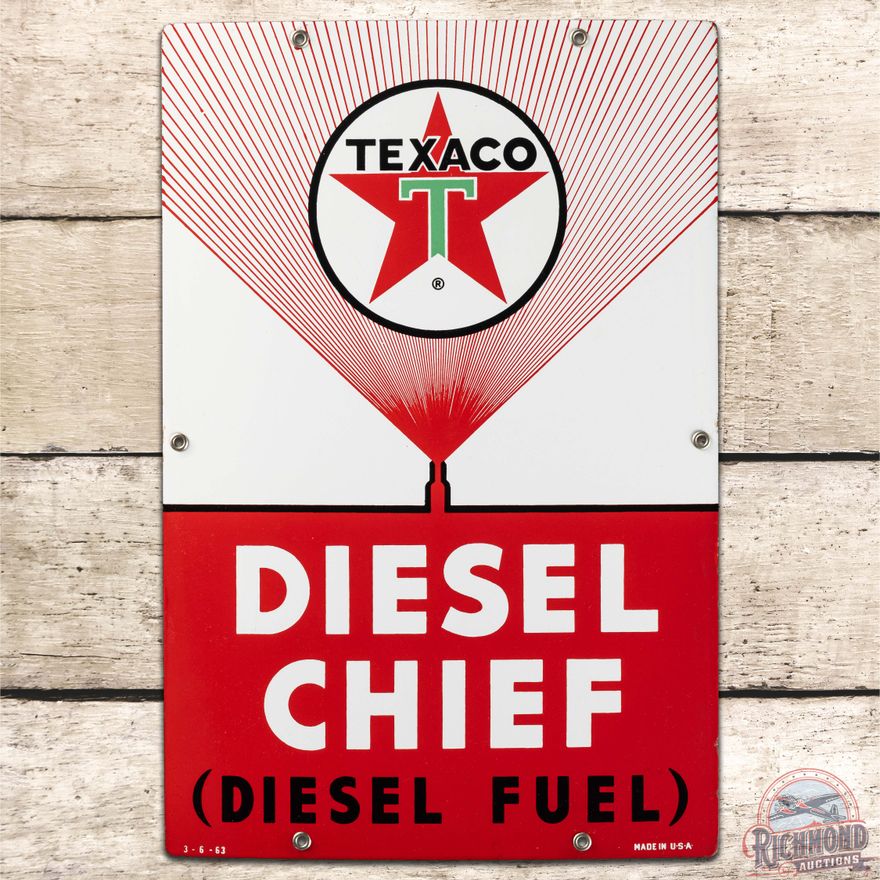 1963 Texaco Diesel Chief SS Porcelain Gas Pump Plate Sign "White T"