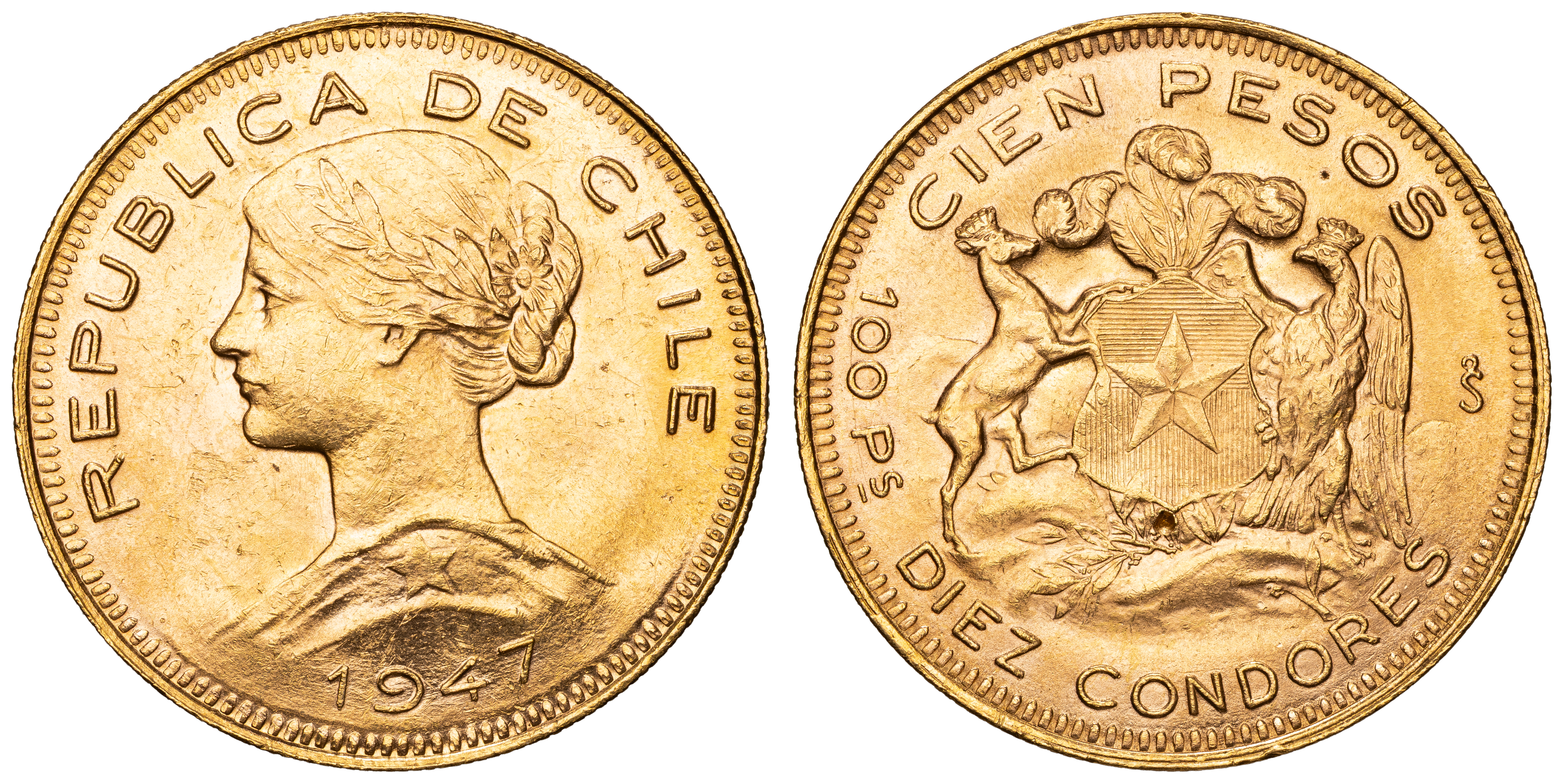 Chile, One Hundred Pesos, 1947, aUNC
