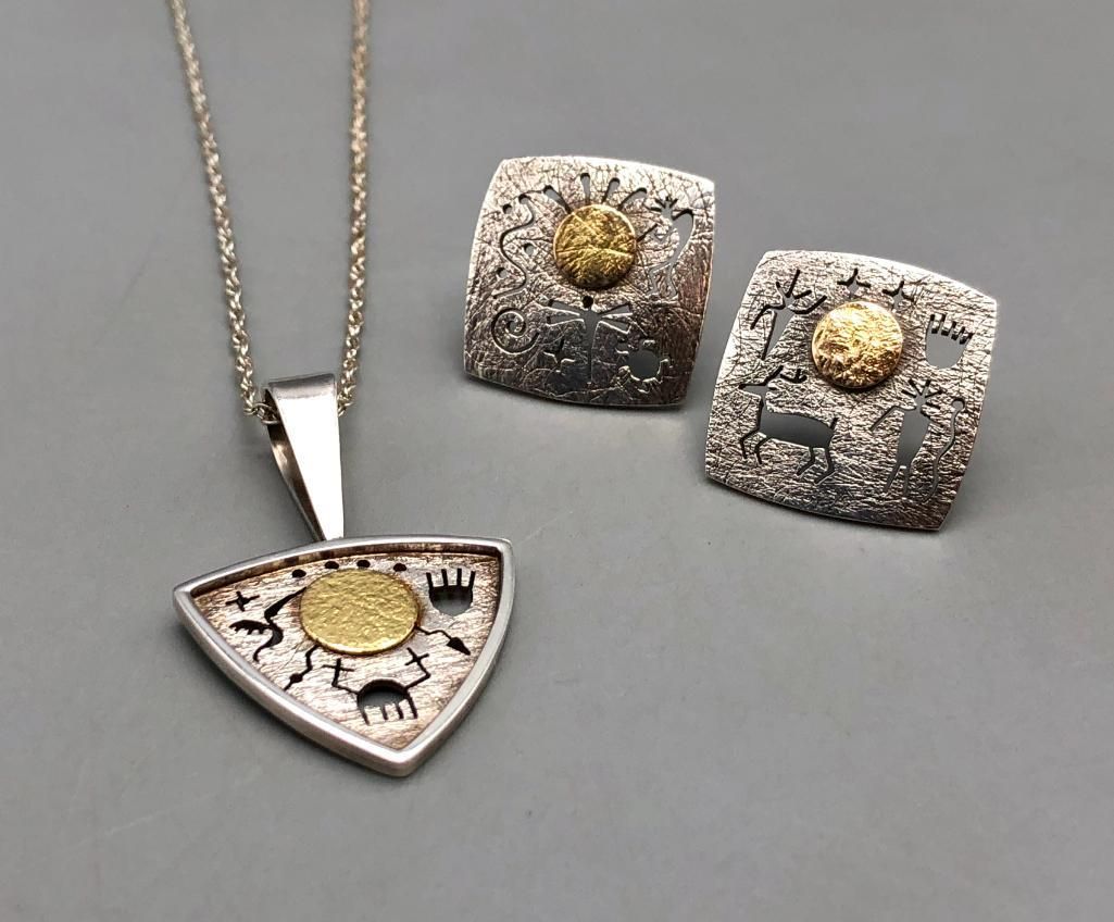 Myron Panteah Sterling Silver And 14K Gold Necklace And Earring 