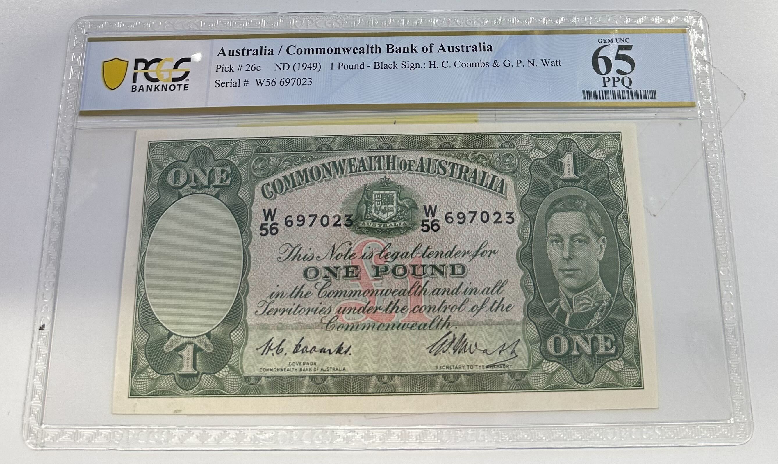 Commonwealth Bank of Australia, H.C. Coombs & R. Watt, One Pound, 1949, PCGS Gem UNC 65 PPQ