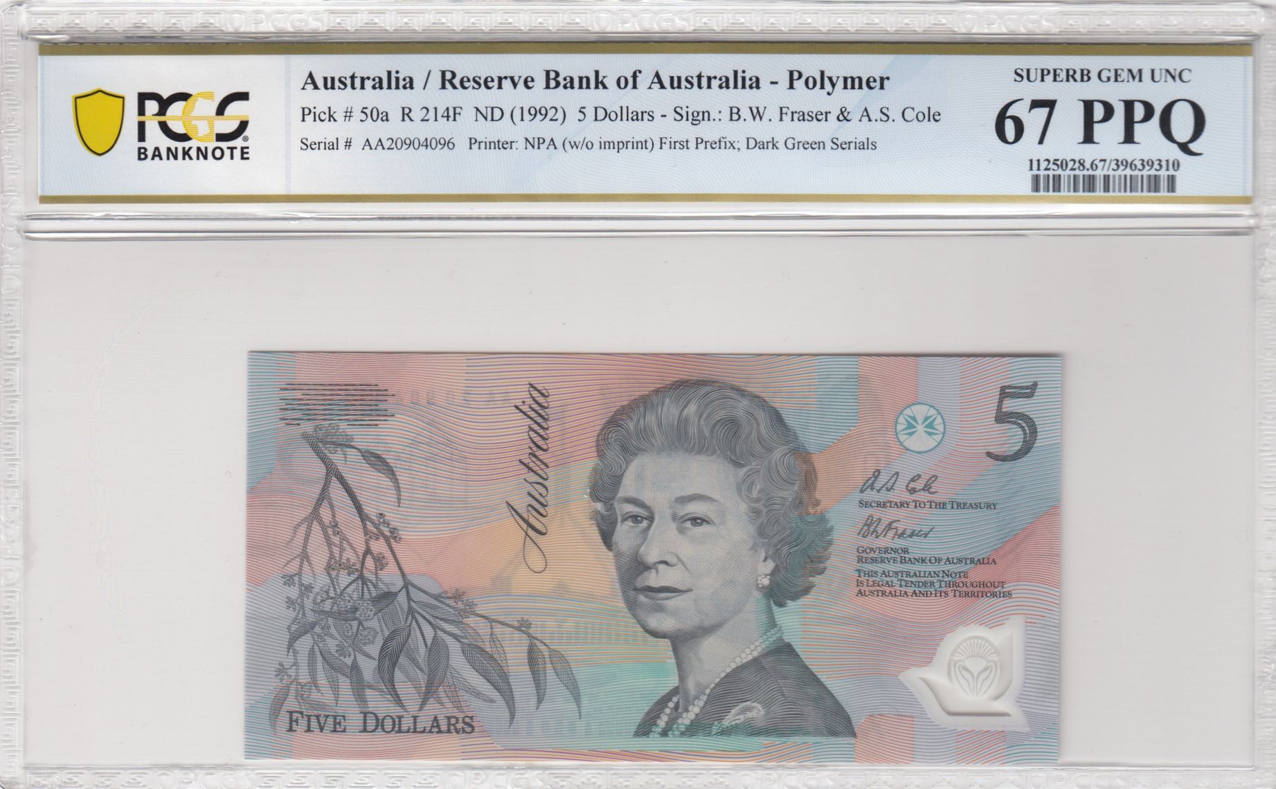 Fraser/Cole, First Prefix; Dark Green Serial, Five Dollar, 1992, PCGS Superb Gem UNC 67 PPQ