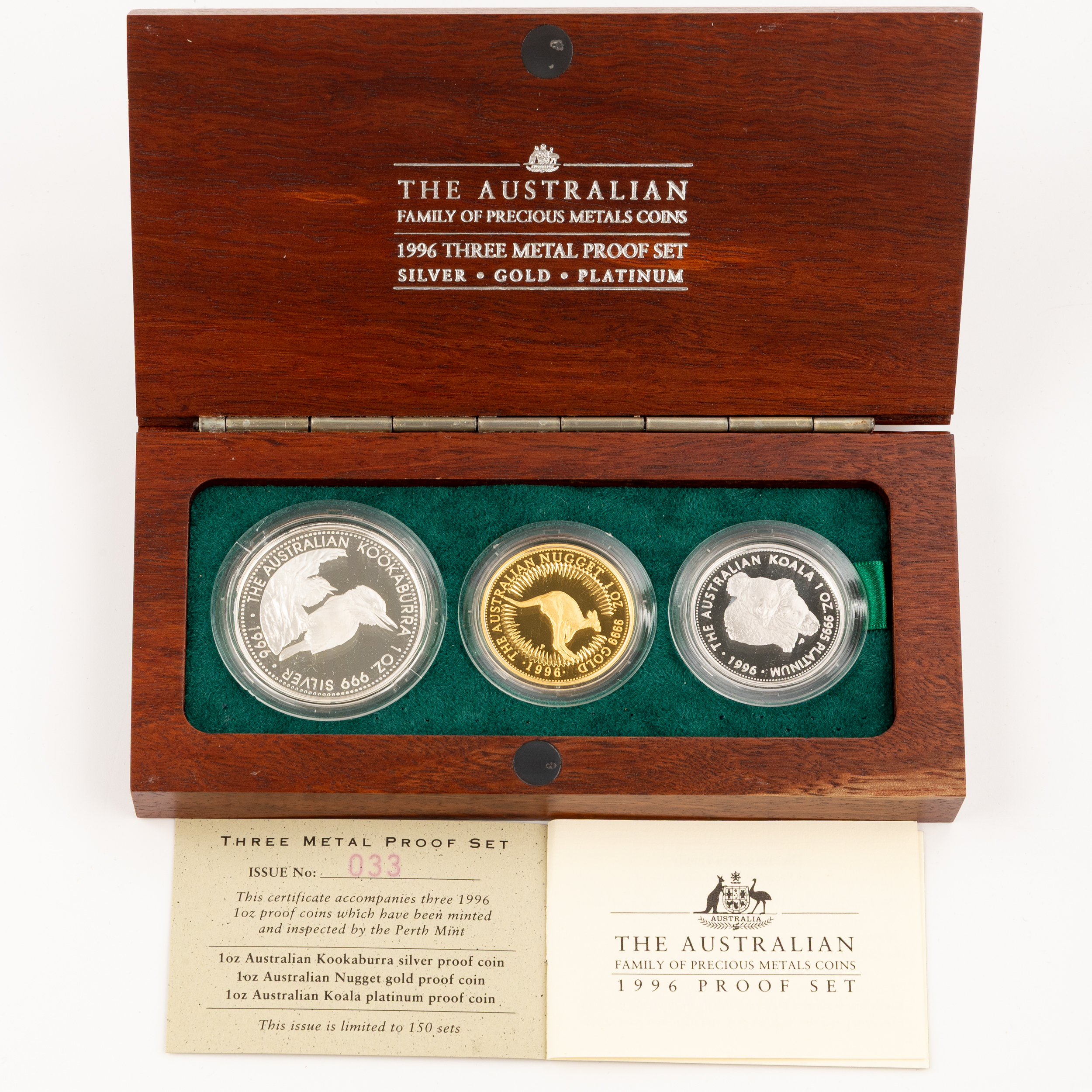 Elizabeth II, Three Metal Proof Set, Silver, Gold, Platinum, One Dollar - One Hundred Dollars, 1996, FDC