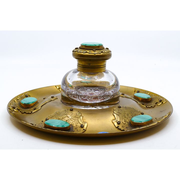 Antique Ornate Malachite Gilt Inkwell 9'' Diameter