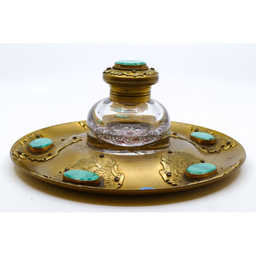 Antique Ornate Malachite Gilt Inkwell 9'' Diameter