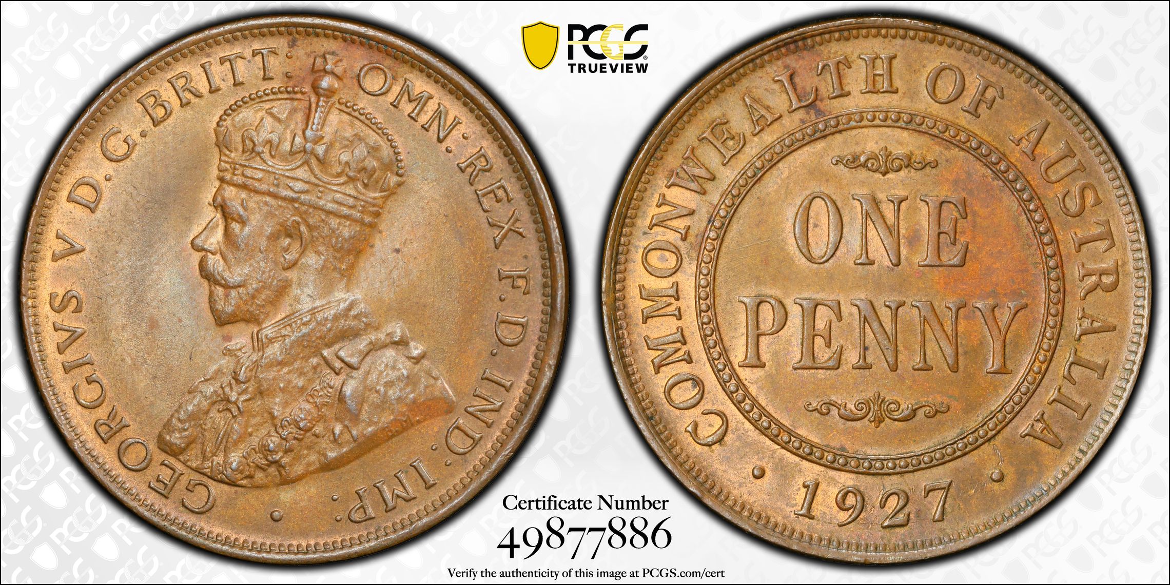 George V, English obverse , Penny, 1927, PCGS MS63BN
