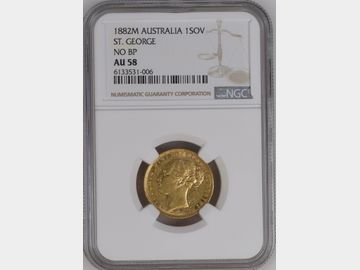 1882 VICTORIA YOUNG HEAD MELBOURNE MINT 'NO B.P.' GEORGE & DRAGON GOLD SOVEREIGN AU58 SCARCE