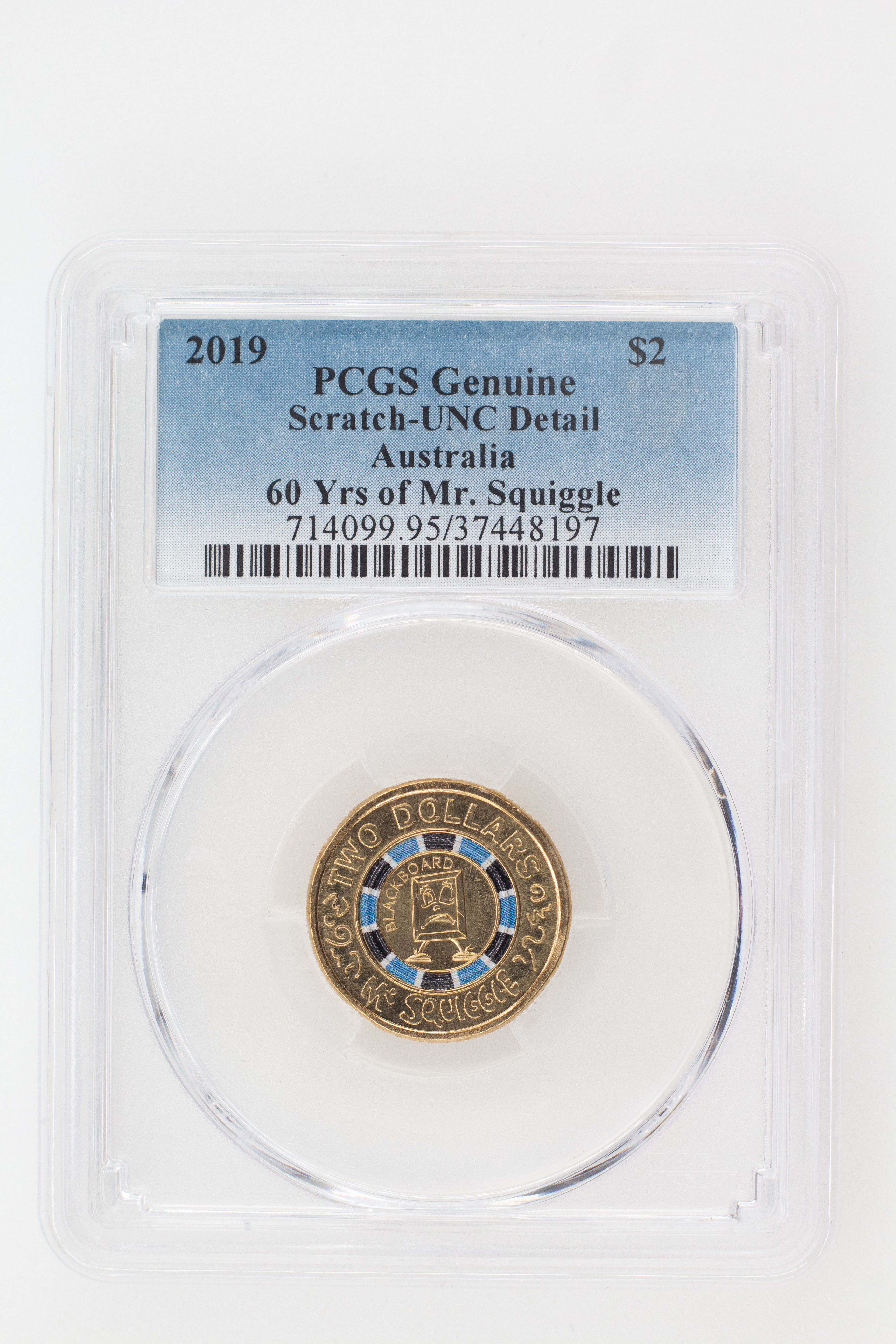 2019 Australia Two Dollar, $2 60 Yrs of Mr. Squiggle - Blackboard PCGS - Genuine - UNC Details (95 - Scratch) -197