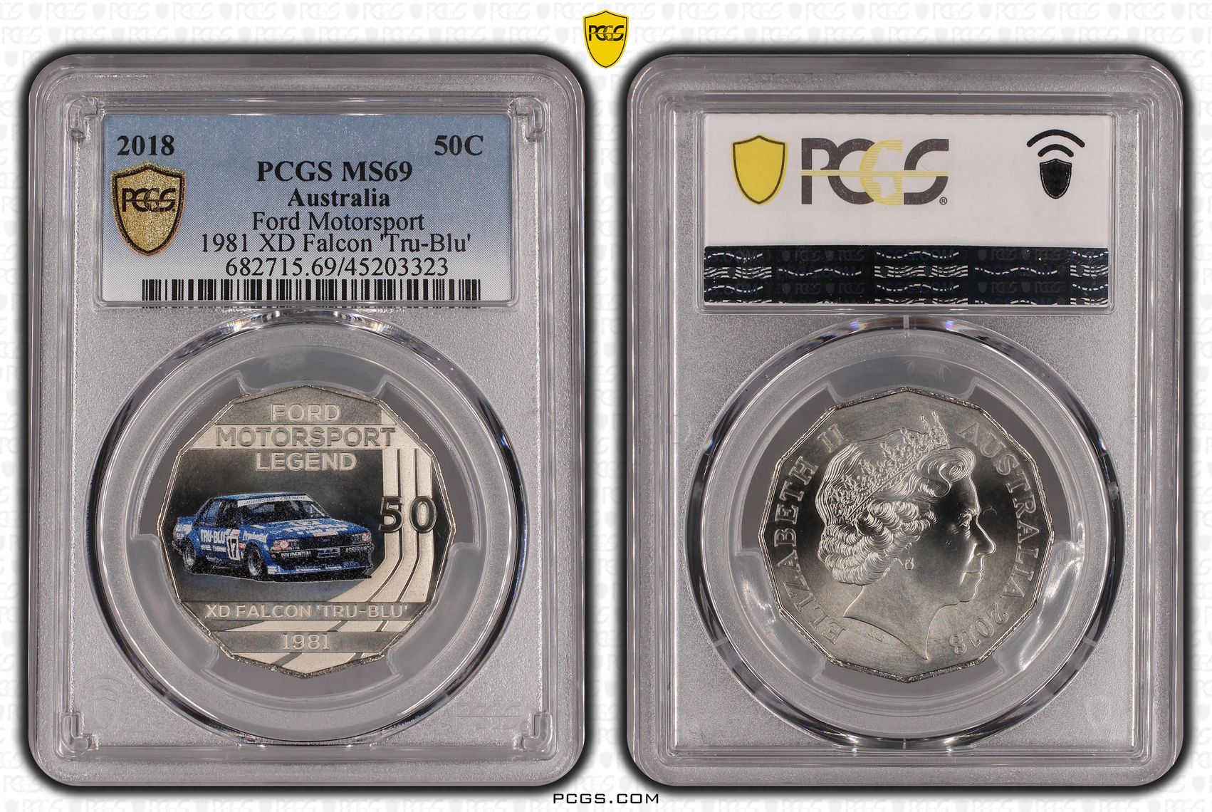 Elizabeth II, Ford Motorsport XD Falcon 'Tru-Blu', Fifty Cent, 2018, PCGS MS 69
