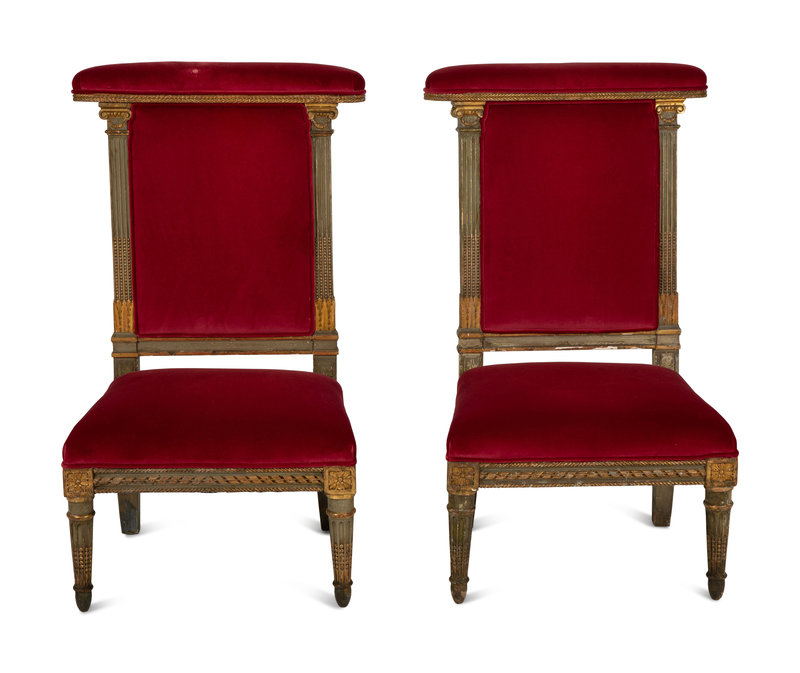 A Pair of Louis XVI Style Painted and Parcel Gilt Chauffeuses 
Height 37 5/8 x width 21 x depth 19 inches.
