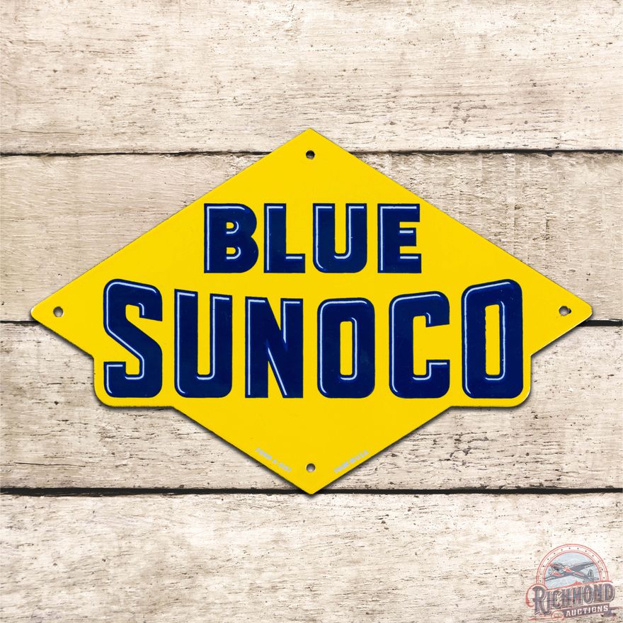 Exceptional Blue Sunoco Gasoline Die Cut Single Sided Porcelain Pump Plate Sign
