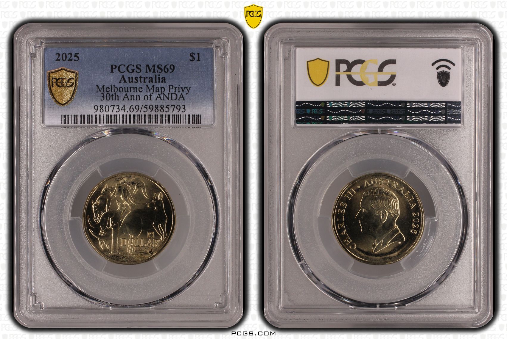 Melbourne Map Privy 30th Ann of ANDA, POP 7/0, One Dollar, 2025, PCGS MS69