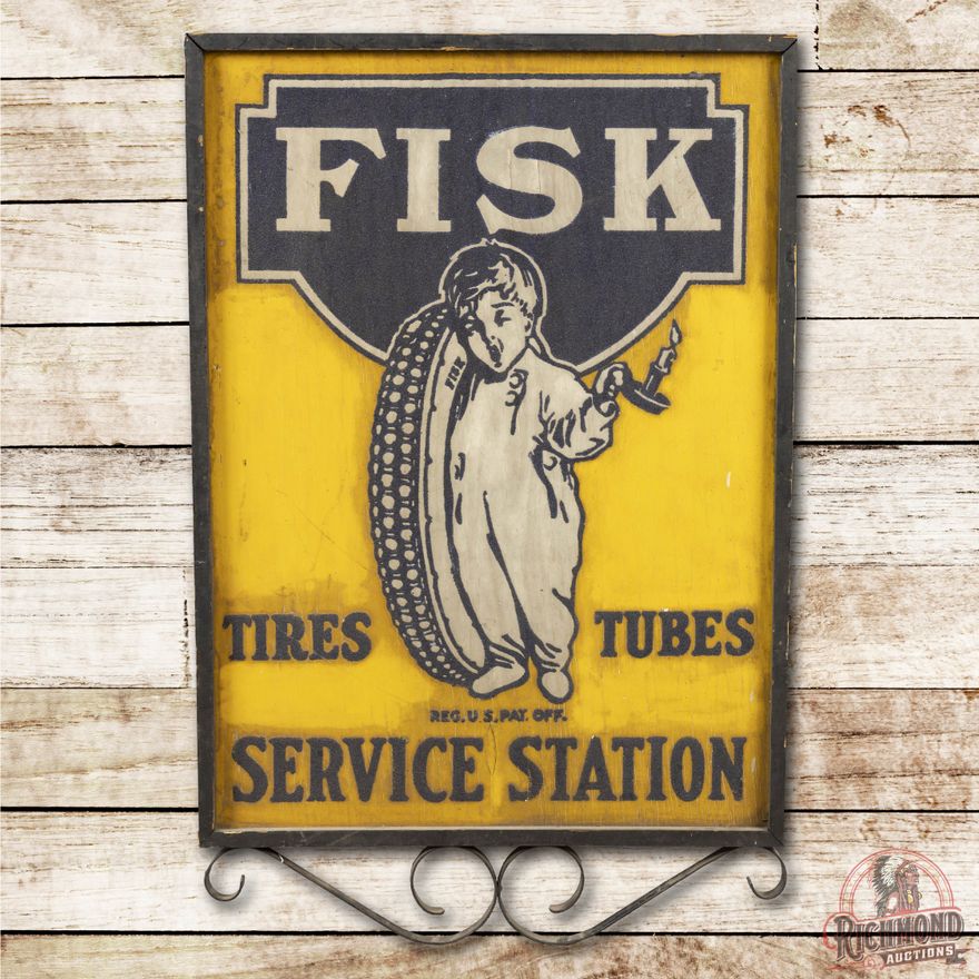 Fisk Tires & Tubes Service Station Double Sided Wooden Smaltz Sign TAC 8.5 & 8.25