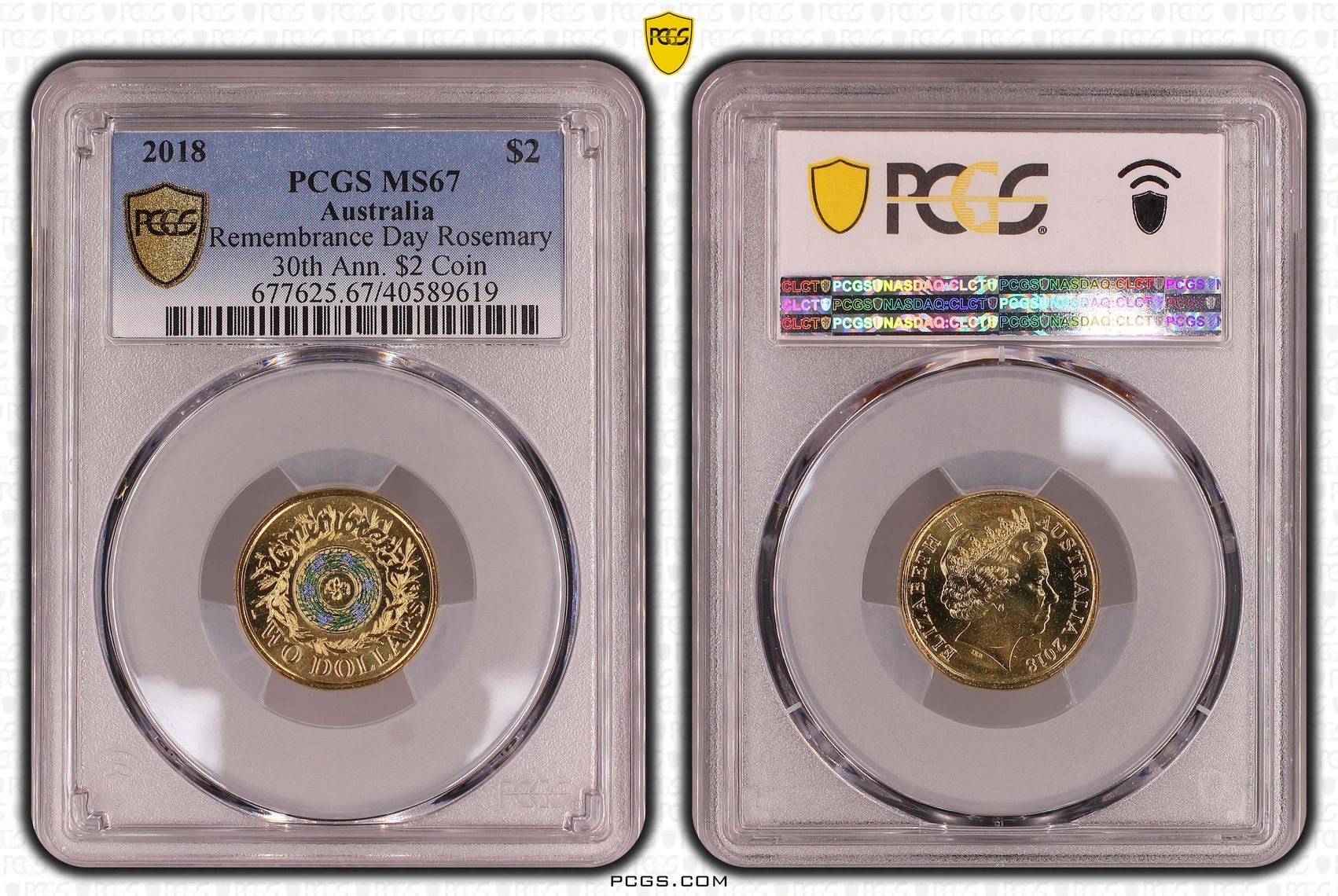 Remembrance Day Rosemary 30th Ann. $2 Coin Colourised, Two Dollar, 2018, PCGS MS67