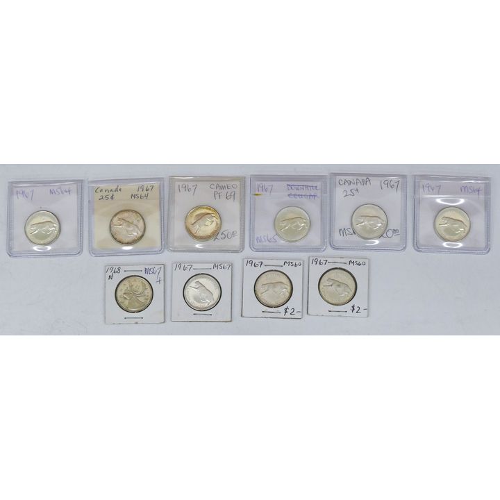 Box 10pc Canadian 50% Silver Quarters 1967-68