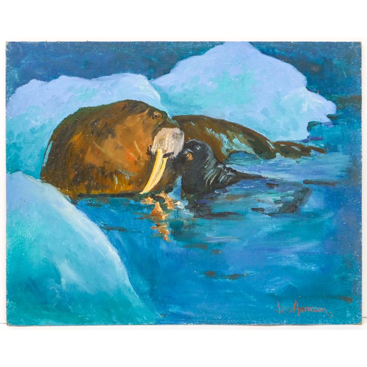 Gene Amondson ''Mother Walrus & Calf'' Oil on Masonite 16''x20''