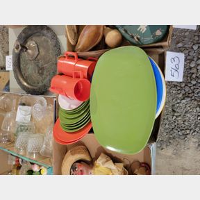 Vintage plastic serving pieces and dinner trays