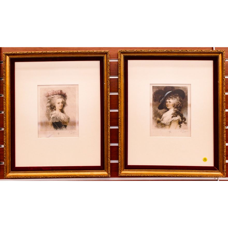 Pair W. Unger French Portrait Mezzotint Etchings Framed- 22x18'' each