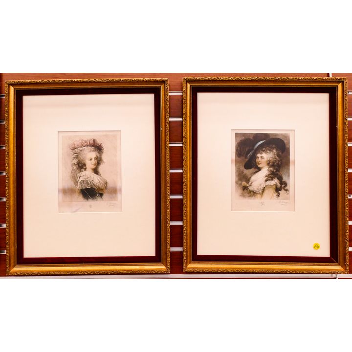 Pair W. Unger French Portrait Mezzotint Etchings Framed- 22x18'' each
