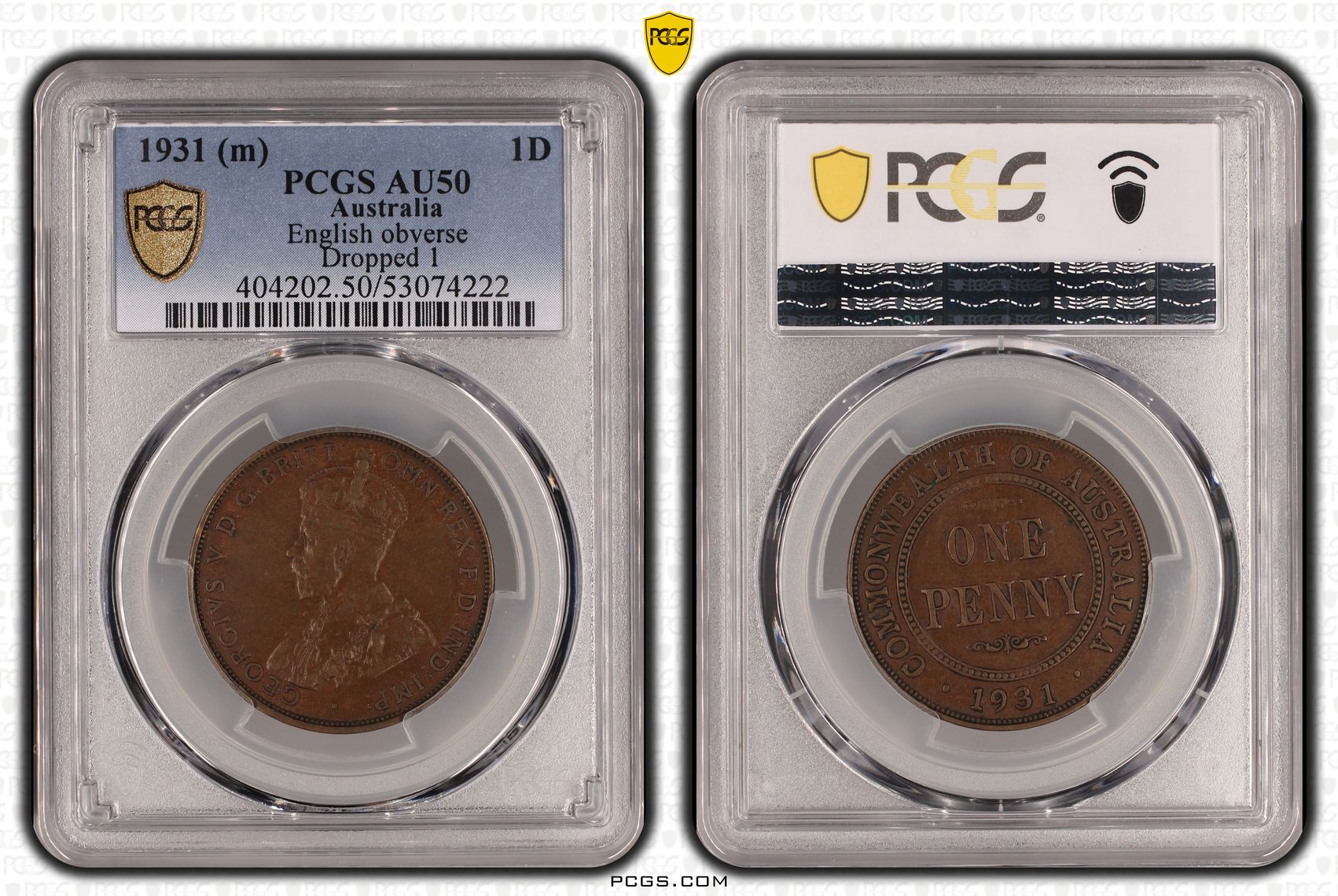 George V, English obverse Dropped 1, Penny, 1931 (m), PCGS AU50BN