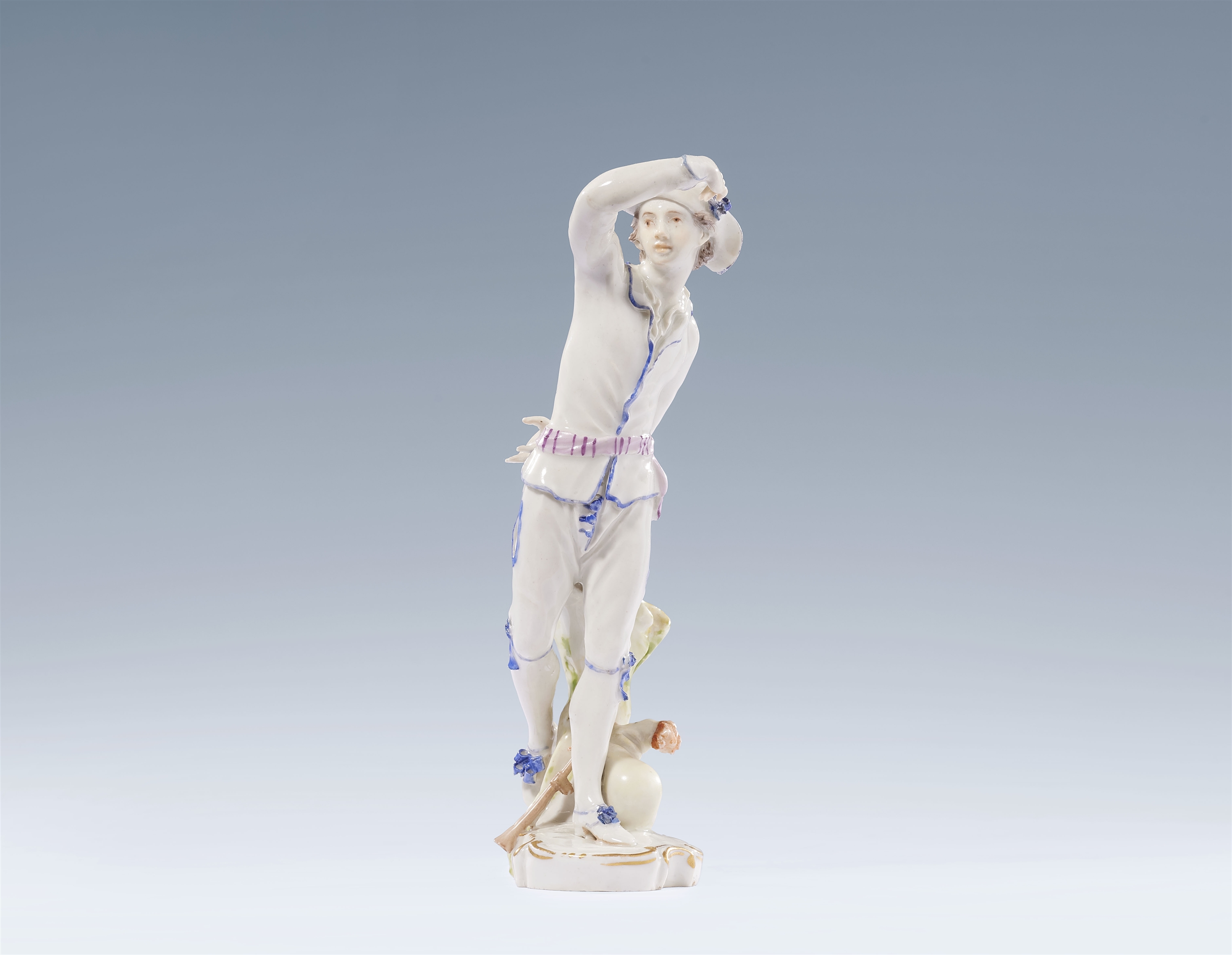 A Ludwigsburg porcelain figure of a dancer with bagpipes by Johann Christian Friedrich Wilhelm Beyer