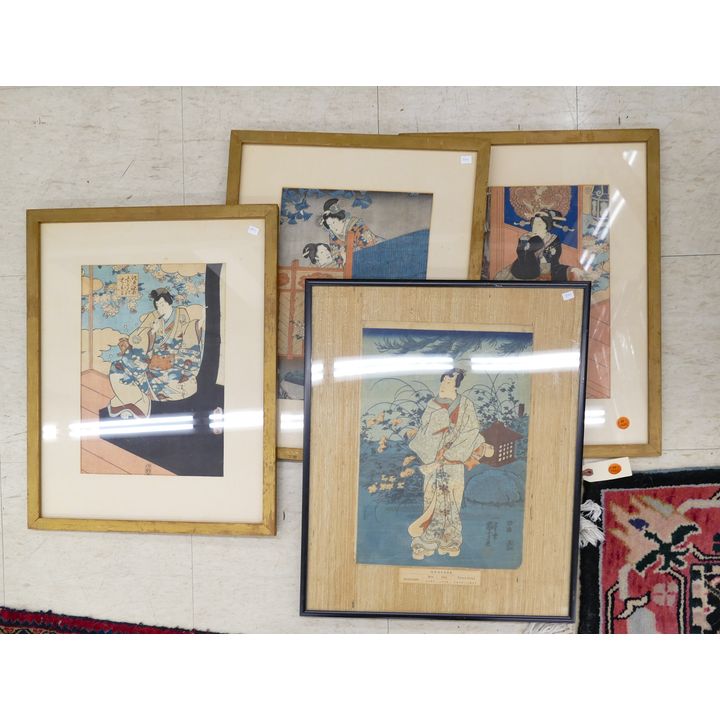 4pc Antique Japanese Woodblock Prints Framed 20''x15.5''