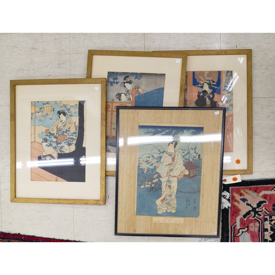 4pc Antique Japanese Woodblock Prints Framed 20''x15.5''