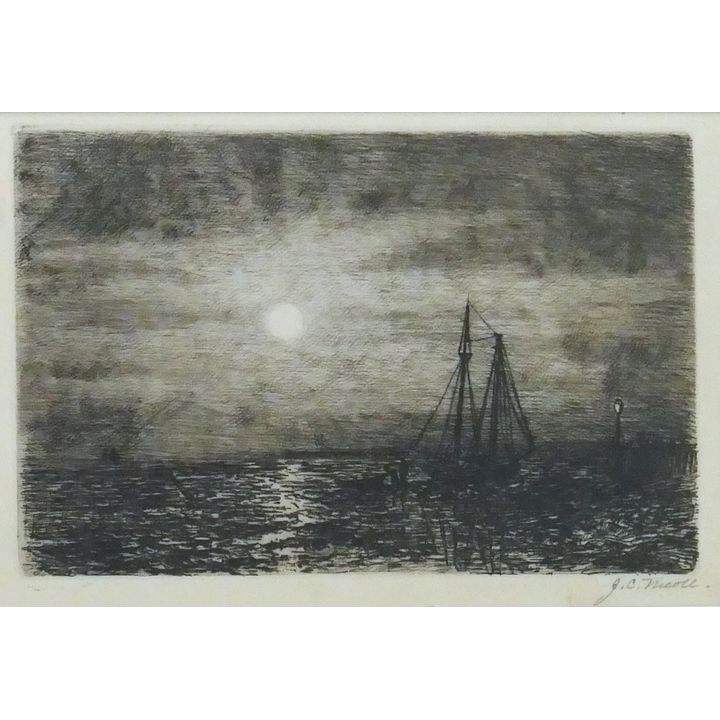 James Craig Nicoll ''Moonlight at Low Tide'' Signed Etching Matted 20''x16''