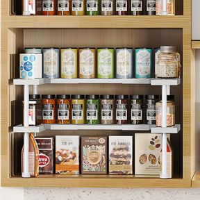 DOLALIKE EXPANDABLE SPICE RACK ORGANIZER, STACKABLE CABINET SHELF ORGANIZER RACK, SPACE SAVING KITCHEN SEASONING ORGANIZER STORAGE