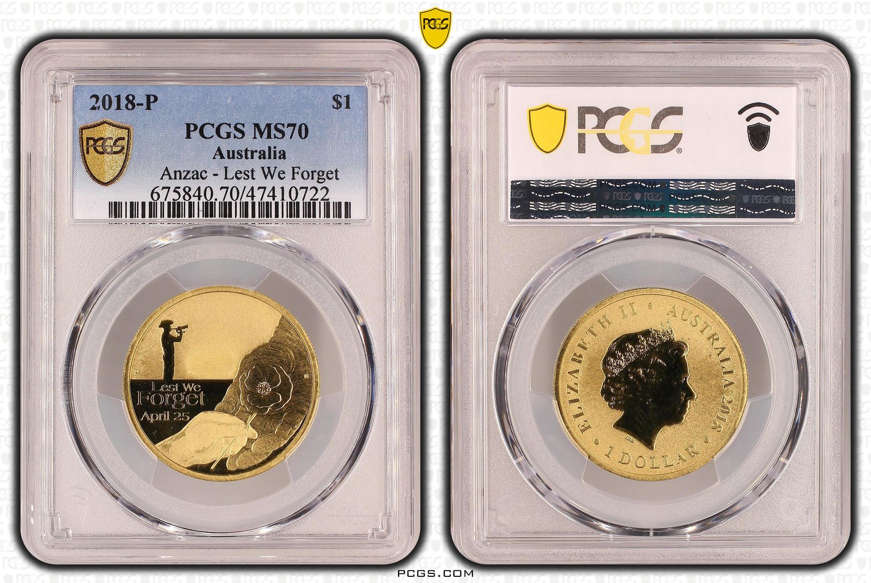 387 · Elizabeth II, Anzac - Lest We Forget, One Dollar, 2018-P, PCGS MS70