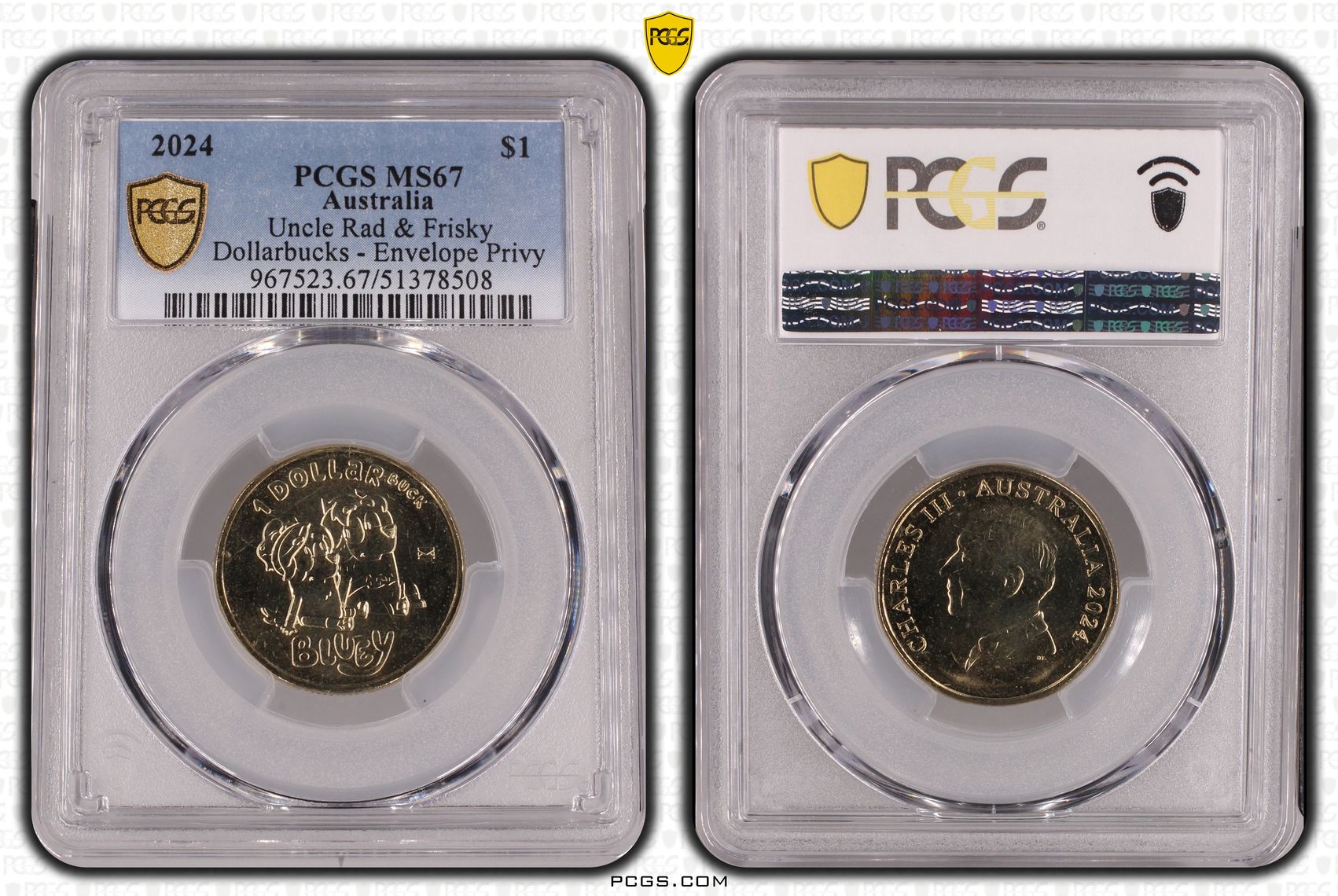 Uncle Rad & Frisky - Dollarbucks Envelope Privy, One Dollar, 2024, PCGS MS67