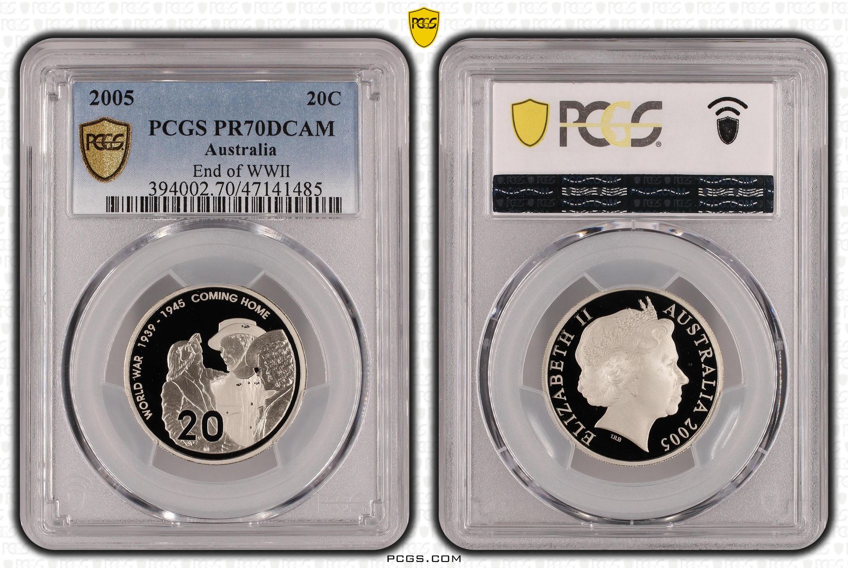 Elizabeth II, End of WWII, Pop 19/0, Twenty Cent, 2005, PCGS PR70DCAM