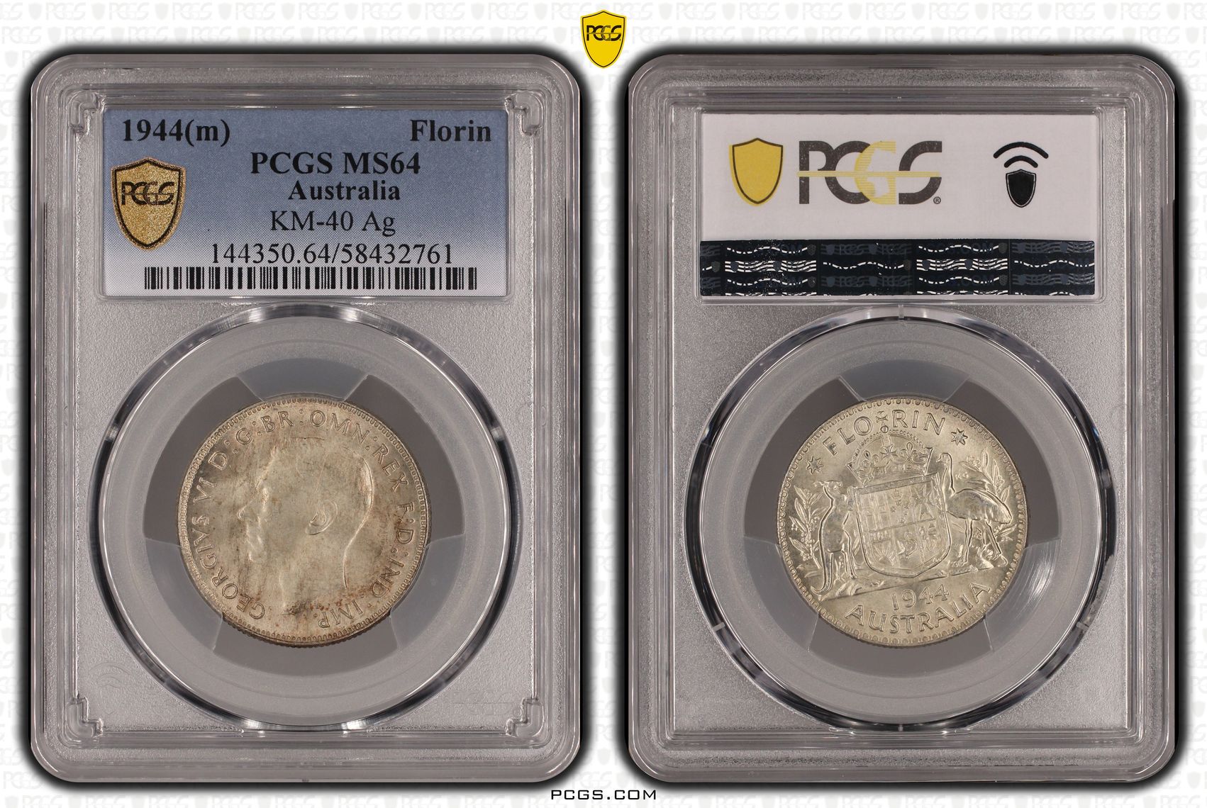 291 · KM-40 Silver, Florin, 1944(m), PCGS MS64