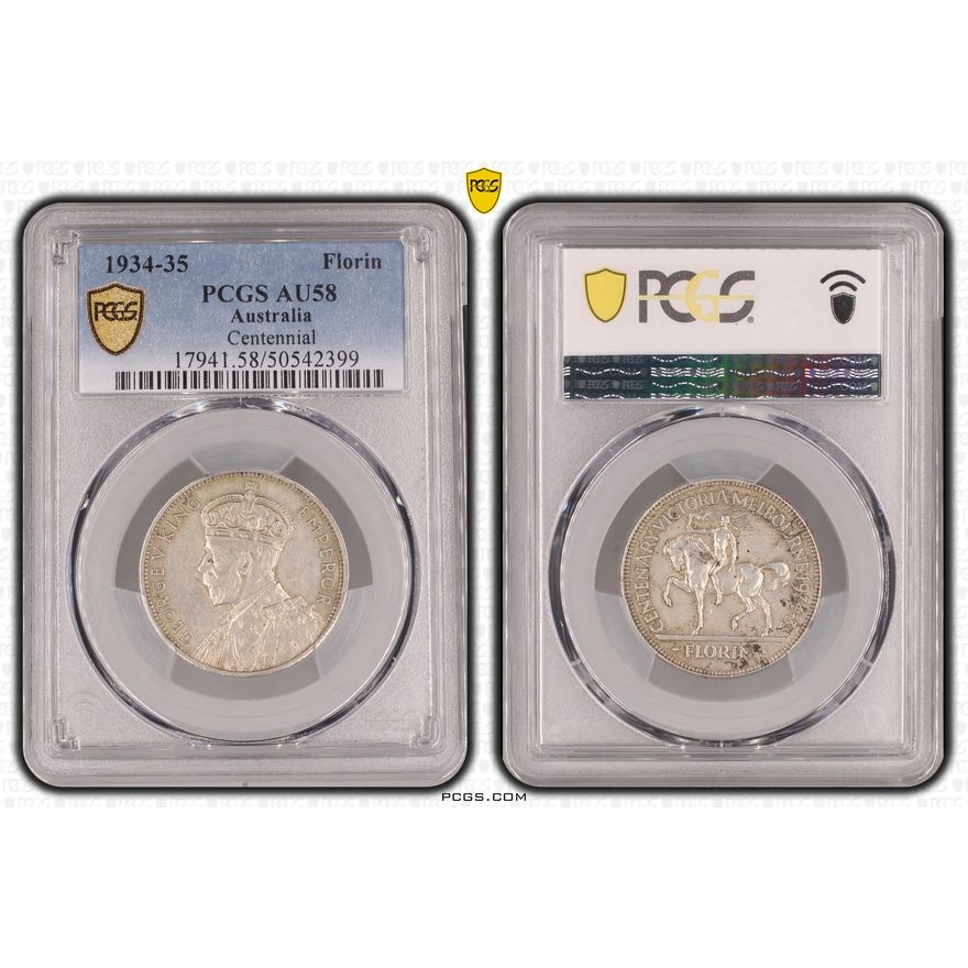 George V, Melbourne Centenary, Florin, 1934-35, PCGS AU58
