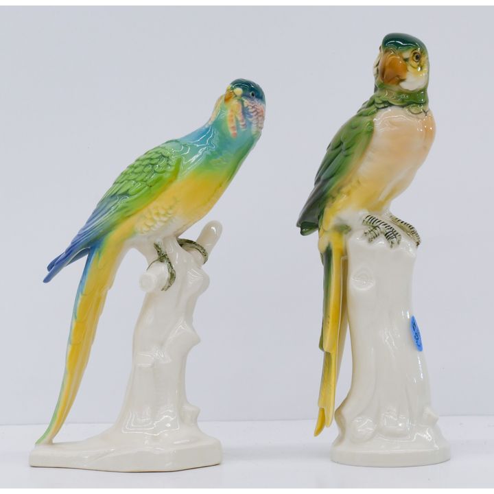 2pc Volkstedt German Porcelain Parakeet Figures 8'' to 9''