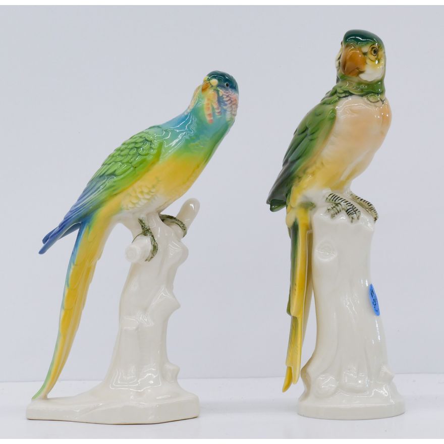 2pc Volkstedt German Porcelain Parakeet Figures 8'' to 9''