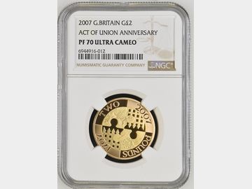 2007 ELIZABETH II GOLD PROOF 2 POUND 'ACT OF UNION' PF70 UCAM TOP POP!