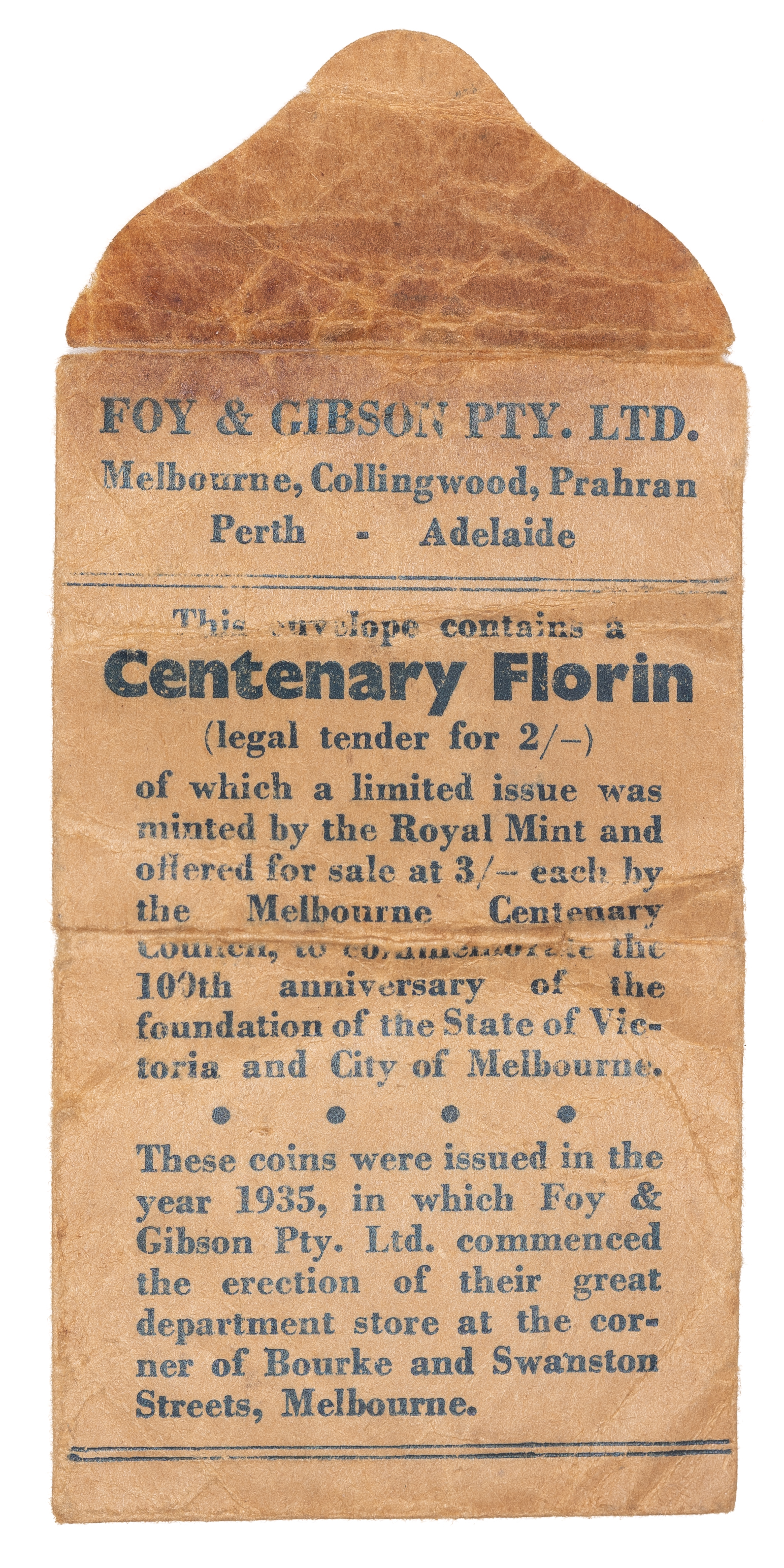 George V, Centenary Florin - Foy & Gibson Bag, 1934-35, VF