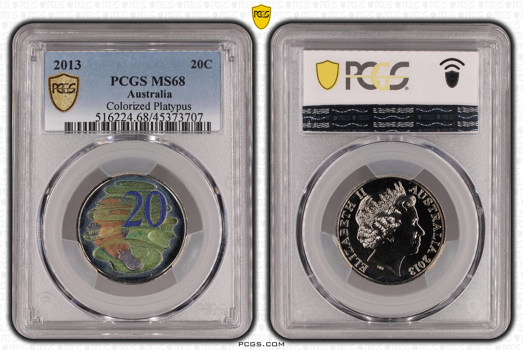Elizabeth II, Colorized Platypus, Twenty Cent, 2013, PCGS MS68