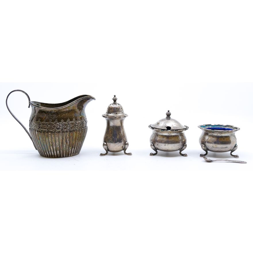 4pc English Sterling Creamer, Salts and Shaker