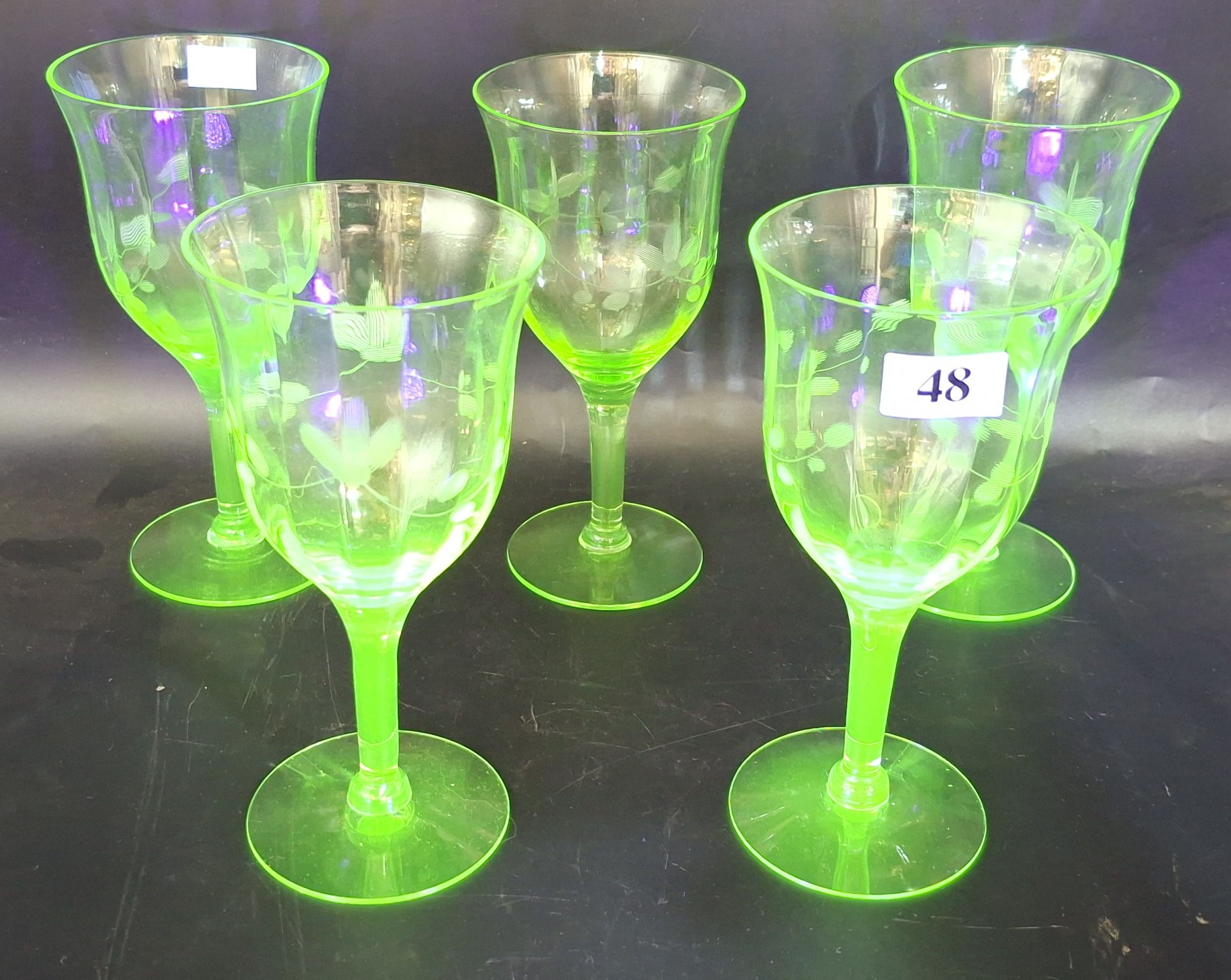 48 · FIVE URANIUM GLASS WINE GOBLETS