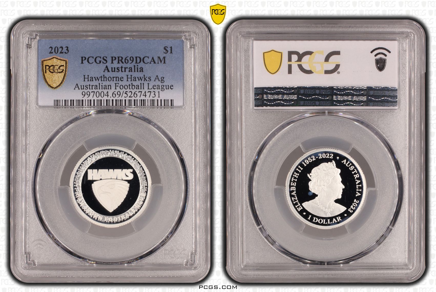 Hawthorne Hawks Silver Australian Football League, POP 1/0, One Dollar, 2023, PCGS PR69DCAM