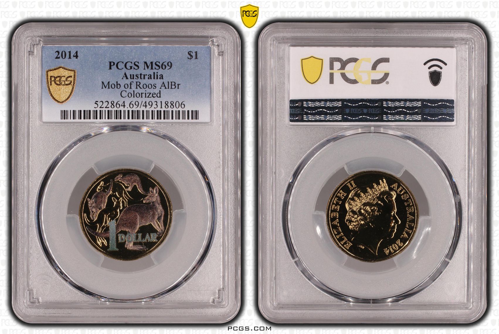 Mob of Roos AlBr Colourised, One Dollar, 2014, PCGS MS69