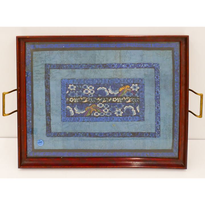 Old Chinese Blue Silk Embroidered Serving Tray 15''x22''